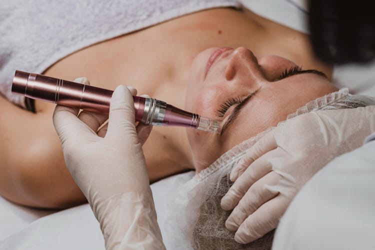 microneedling in progress bei Frau auf Liege