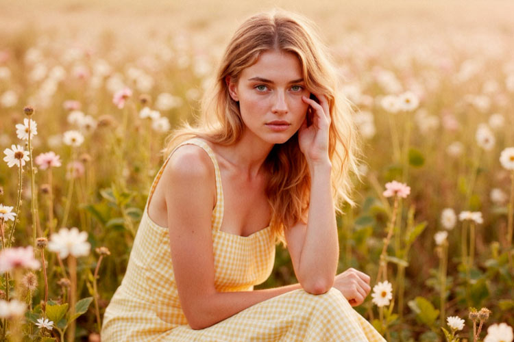 natürlich schöne Frau in einer Blumenwiese