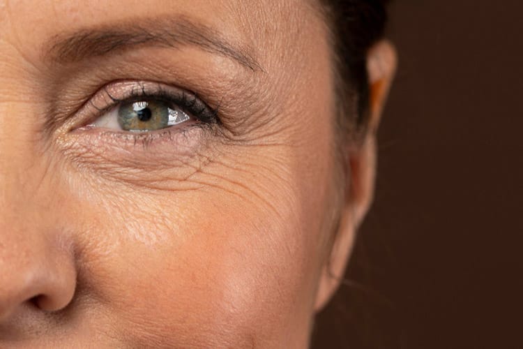 Gesicht mit schön sichtbaren Falten nahe an der Linse
