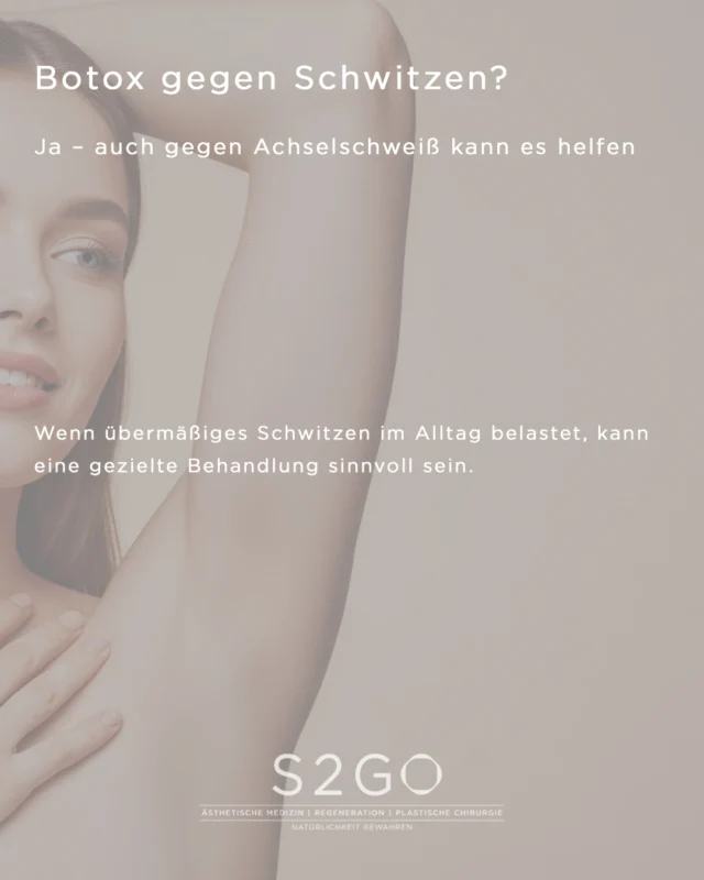 Starkes Schwitzen in den Achseln?
Botulinumtoxin kann helfen, die Schweißproduktion gezielt zu reduzieren.
Ob die Behandlung sinnvoll ist, sollte immer individuell ärztlich abgeklärt werden.

📍 Beratung in unserer Ordination